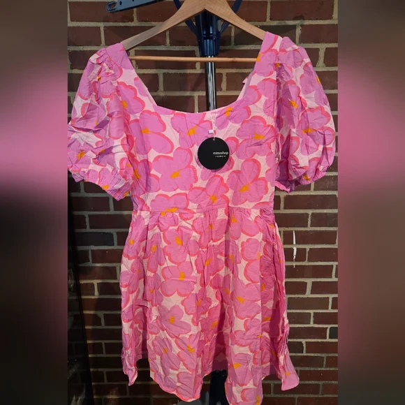 Mittoshop Pink & Purple Floral Rayon Empire Waist Lined Mini Dress Large NWT - Picture 2 of 5